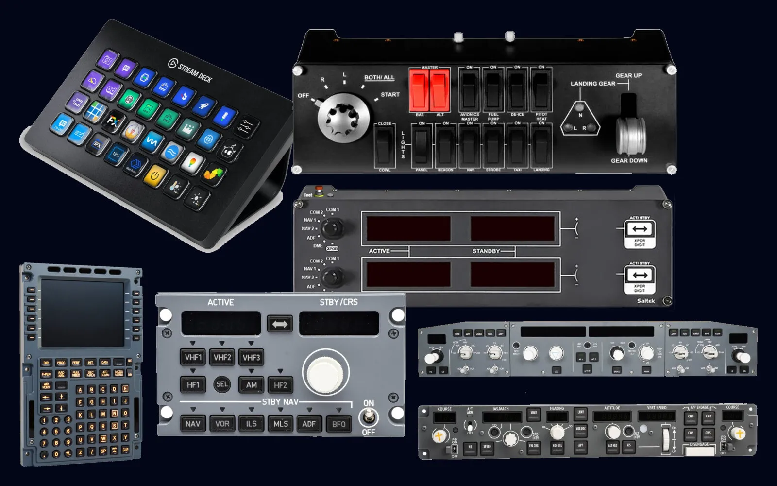 A selection of hardware devices supported by SPAD.neXt: Elgato Stream Deck, Saitek Switch Panel, Saitek Radio Panel, an MCDU, RMP, FCU and MCP from third-party cockpit hardware makers
